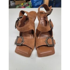 Gianni Bini Buckle Heels Square Toe Suede Ankle Strap Brown Women's Size 6